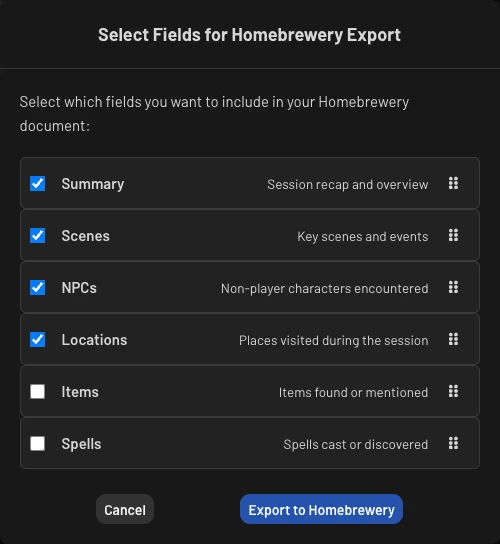 Homebrewery export field seletion modal