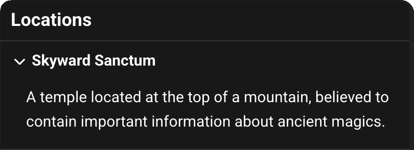 Locations card showing Skyward Sanctum - a temple located at the top of a mountain