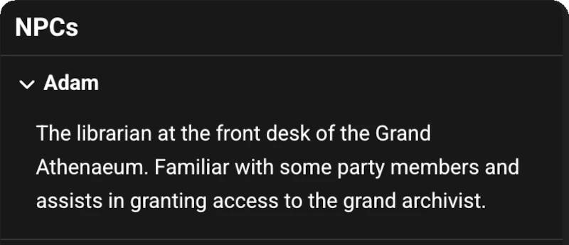 NPC character card showing Adam, a librarian at the front desk of the Grand Athenaeum