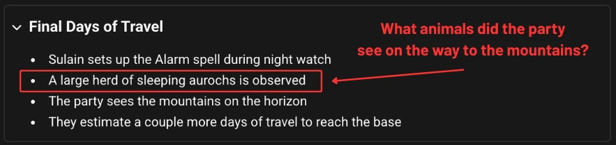 Trivia question from session notes asking 'What animals did the party see on the way to the mountains?' with the answer 'A large herd of sleeping aurochs' highlighted