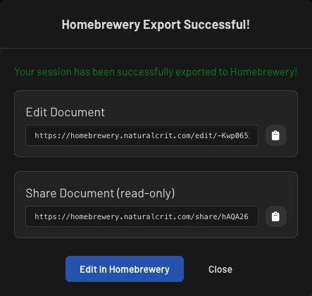 Homebrewery export success modal