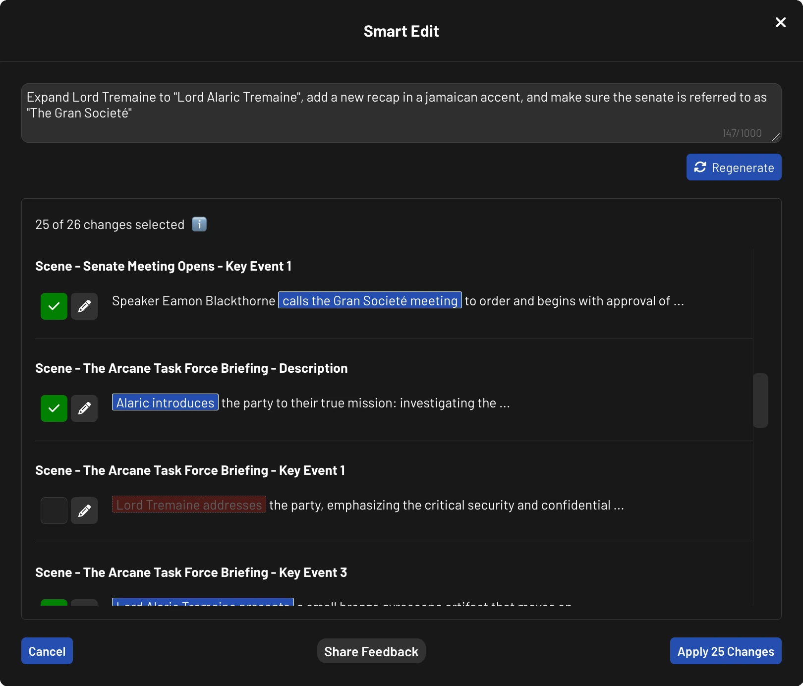 Smart Edit change preview with toggle controls
