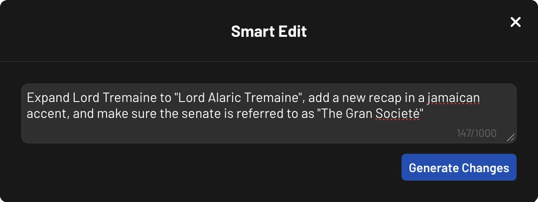 Smart Edit modal with an example instruction