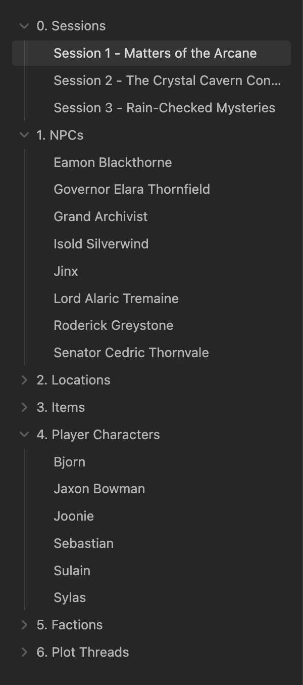 Folder structure showing a hybrid campaign organization with sessions, NPCs, locations, and worldbuilding