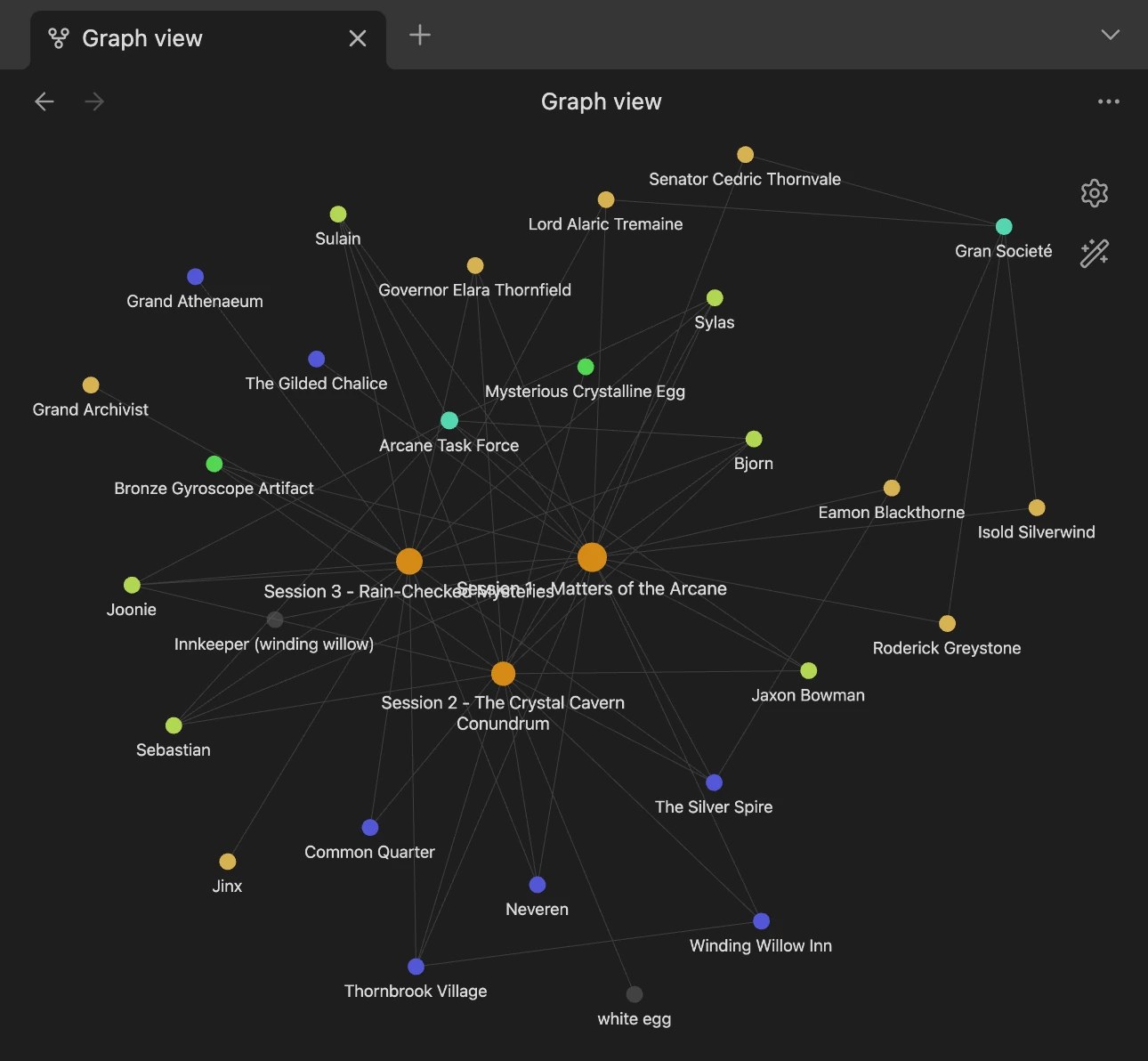 Obsidian graph view showing interconnected campaign notes as a web of relationships