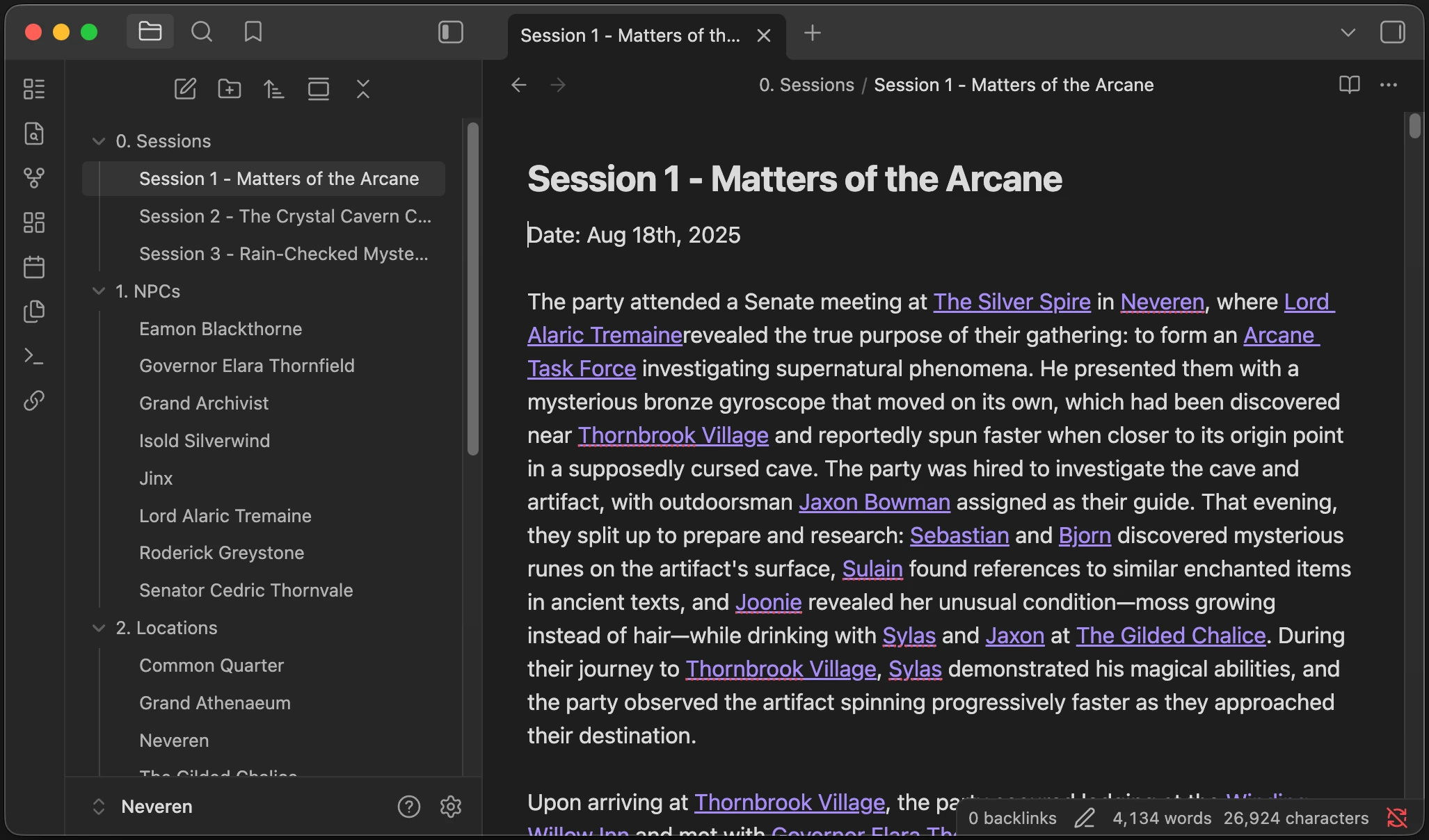 Obsidian interface showing formatted notes with folder structure and campaign organization